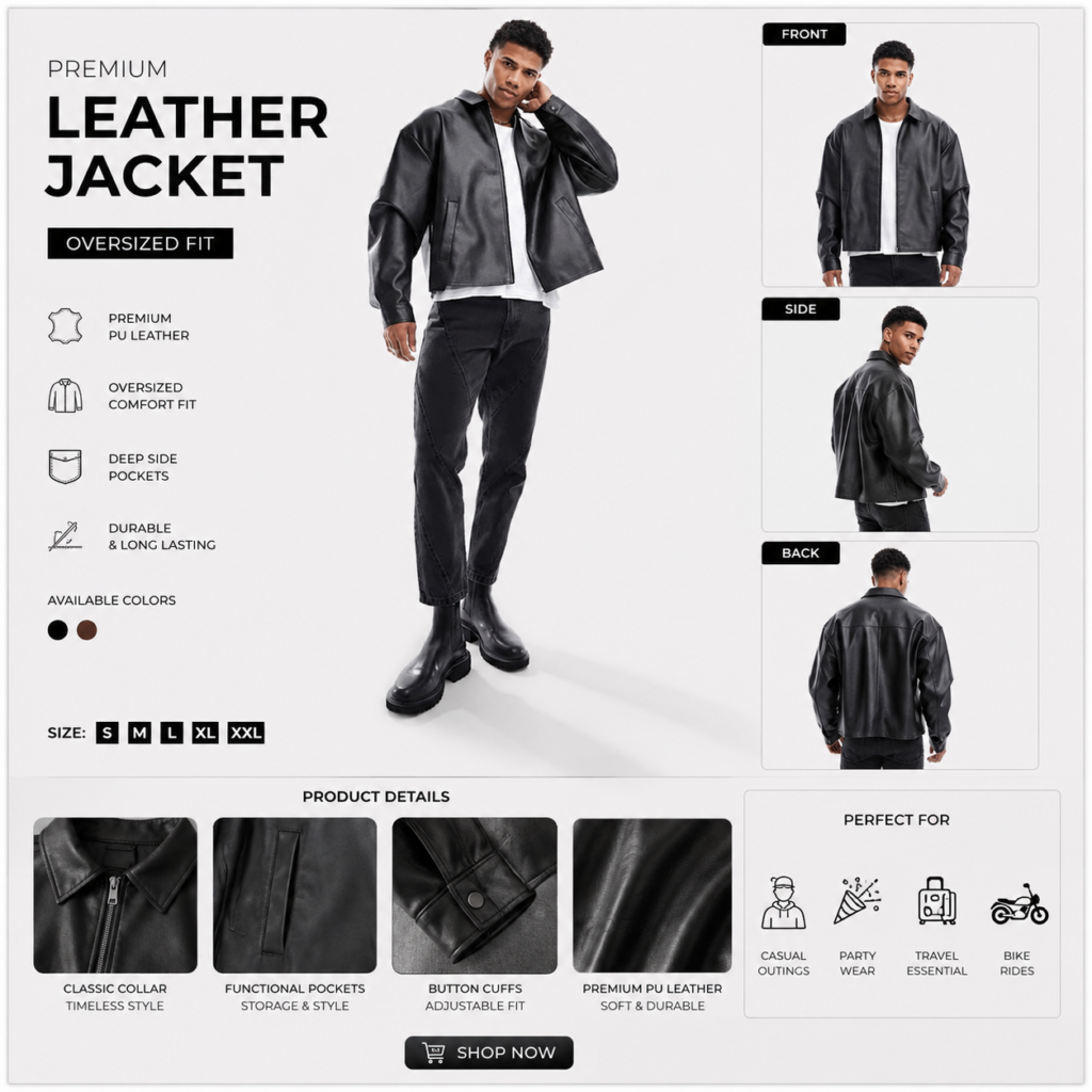 Premium PU Leather: Soft-touch, long-lasting synthetic leather crafted to withstand daily wear. Functional Storage: Deep side pockets offer convenient utility and secure room for essentials. Versatile Styling: Features a classic shirt-style collar, full zip closure, and clean button cuffs. Product Details Material: 100% Premium PU Leather